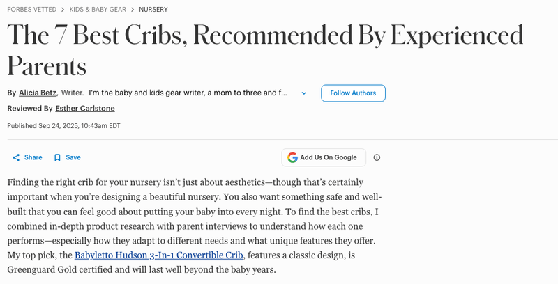 7 Best Cribs Recommended by Experienced parents article by forbes vetted where Feeding Friendzies founder, Jennie Albano gives her opinion on the Hudson crib.
