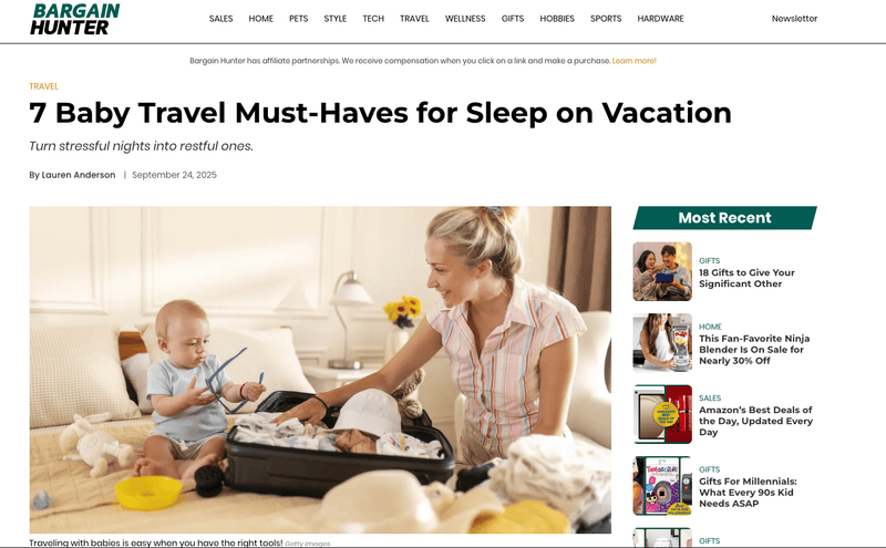headline from bargain hunter for 7 baby travel must-haves for sleep on vacation article.