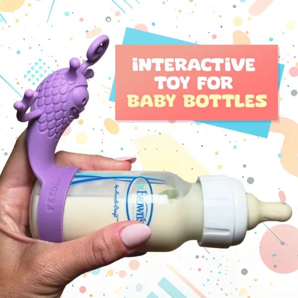 purple feeding friendzies on a baby bottle being held by a left hand