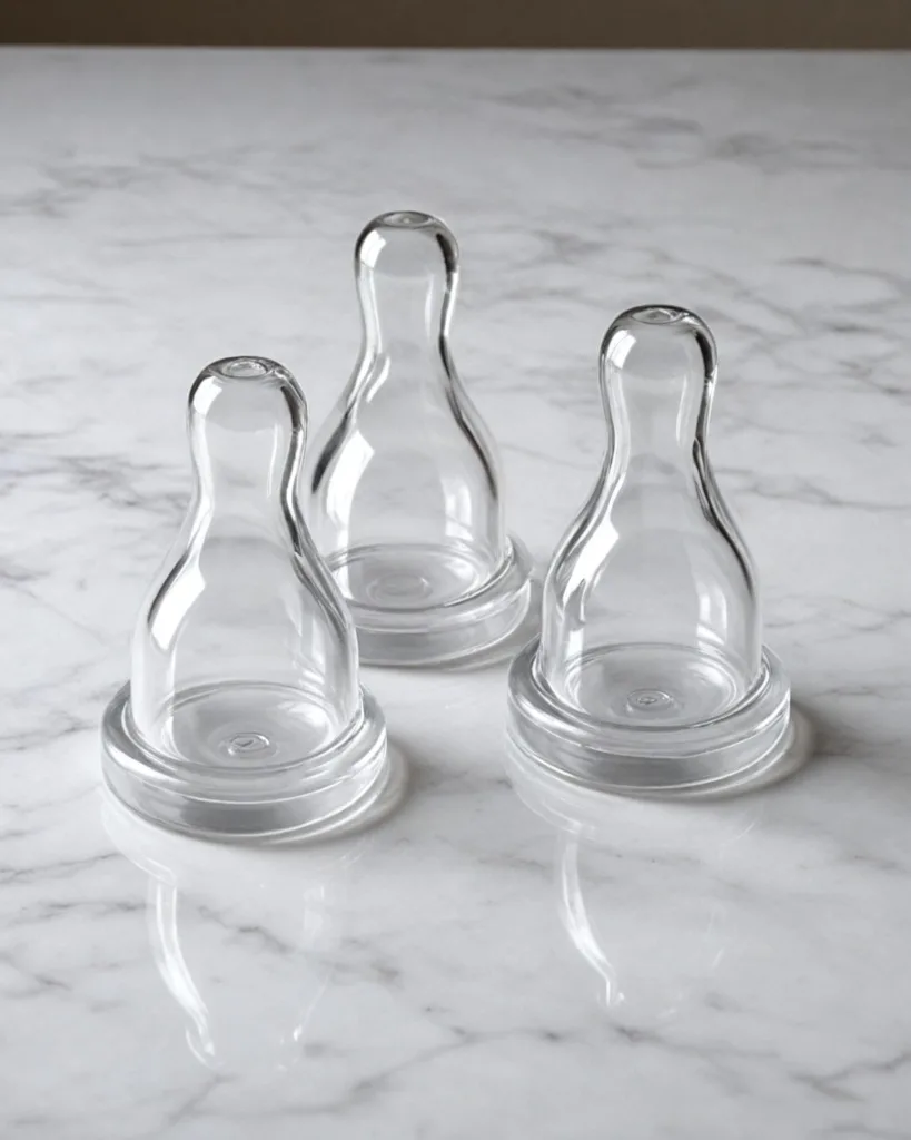 Three baby bottle nipples aligned on a white marble countertop, in hyper-realistic detail, natural lighting highlighting the smooth contours and soft silicone texture, casting gentle shadows on the pristine surface, minimalist composition emphasizing simplicity and cleanliness.